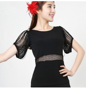 Black hollow short fringe sleeves waistline women's ladies female sexy fashion competition professional latin ballroom dance flamenco dancing tops blouses